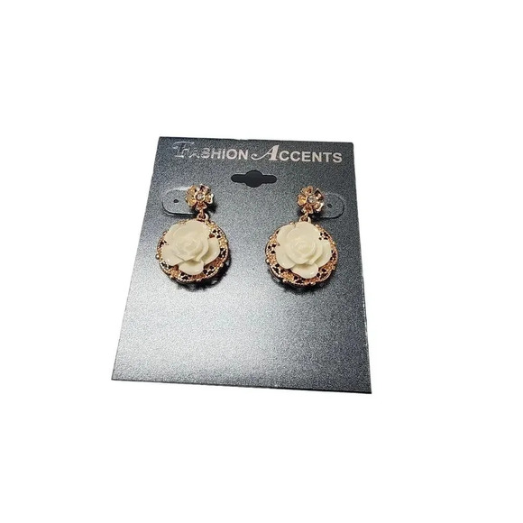 American Vintage Jewelry - Vintage Ivory Rose Floral Filigree Dangle Drop Earrings Gold Tone